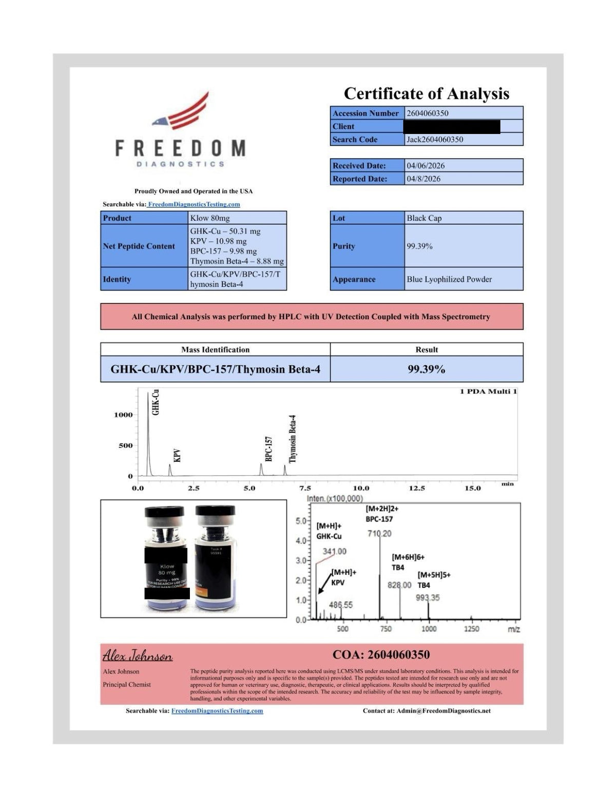 Certificate of analysis, Klow 80mg, lot Black Cap, purity 99.39%, Freedom Diagnostics report 2604060350